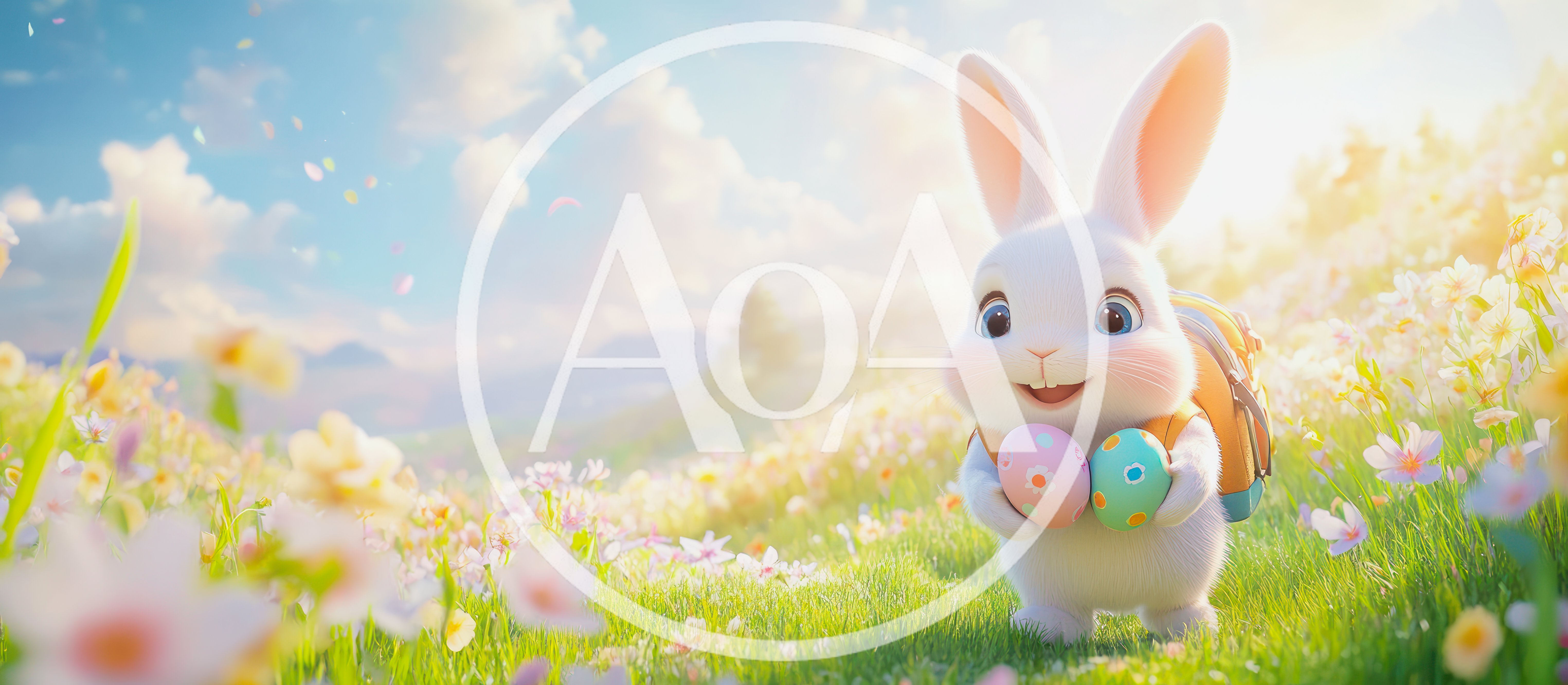 Cute Easter Bunny Carrying Colorful Eggs In Meadow
