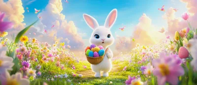 Cute White Easter Bunny Carrying Basket Of Colorful Eggs