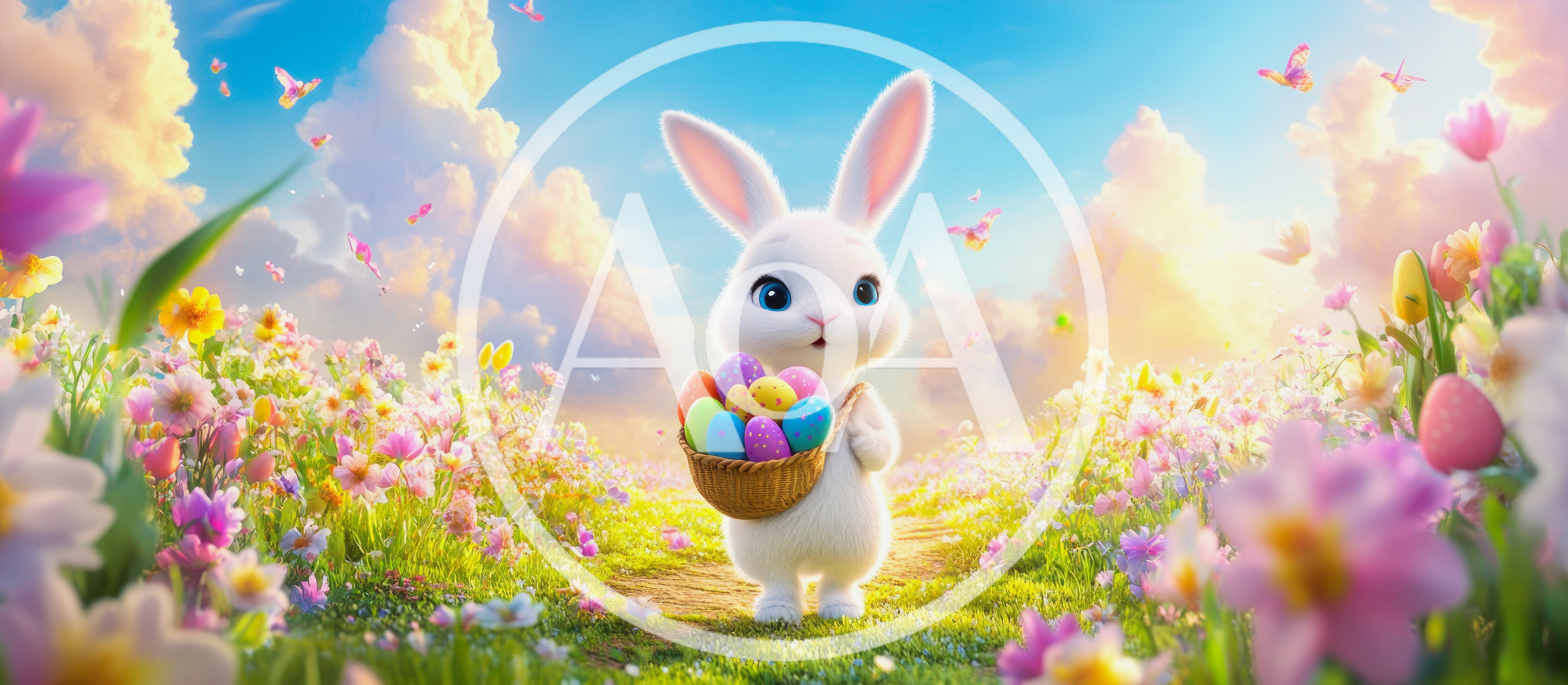 Cute White Easter Bunny Carrying Basket Of Colorful Eggs