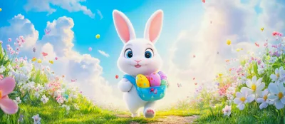 Cute Easter Bunny Carrying Colorful Eggs In Basket