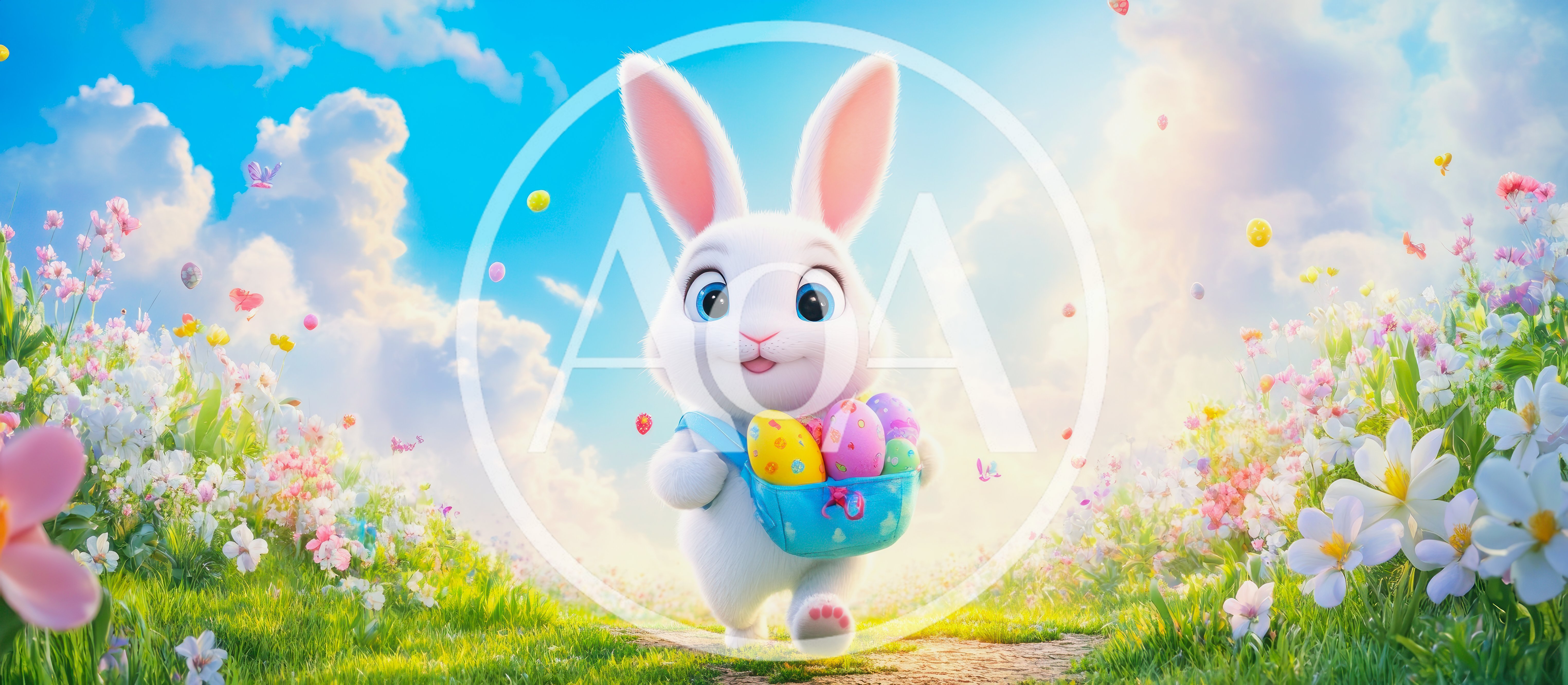 Cute Easter Bunny Carrying Colorful Eggs In Basket