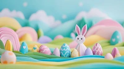 Paper Craft Easter Bunny And Colorful Eggs Landscape