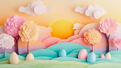 Paper Craft Easter Landscape With Flowers And Eggs