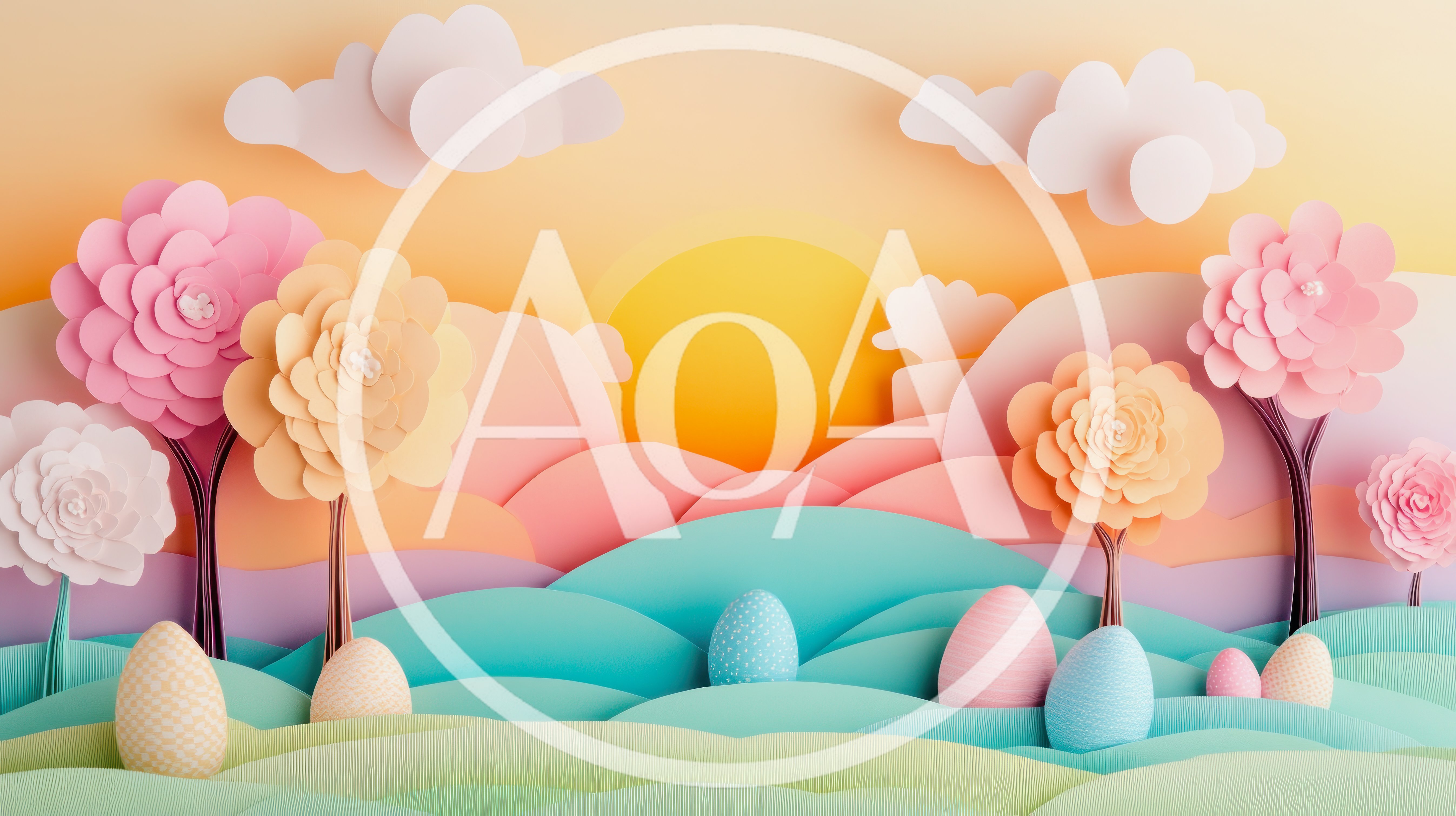 Paper Craft Easter Landscape With Flowers And Eggs