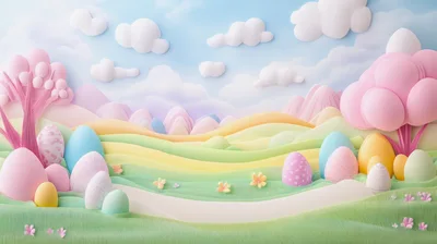 Pastel Easter Landscape With Decorative Eggs And Trees