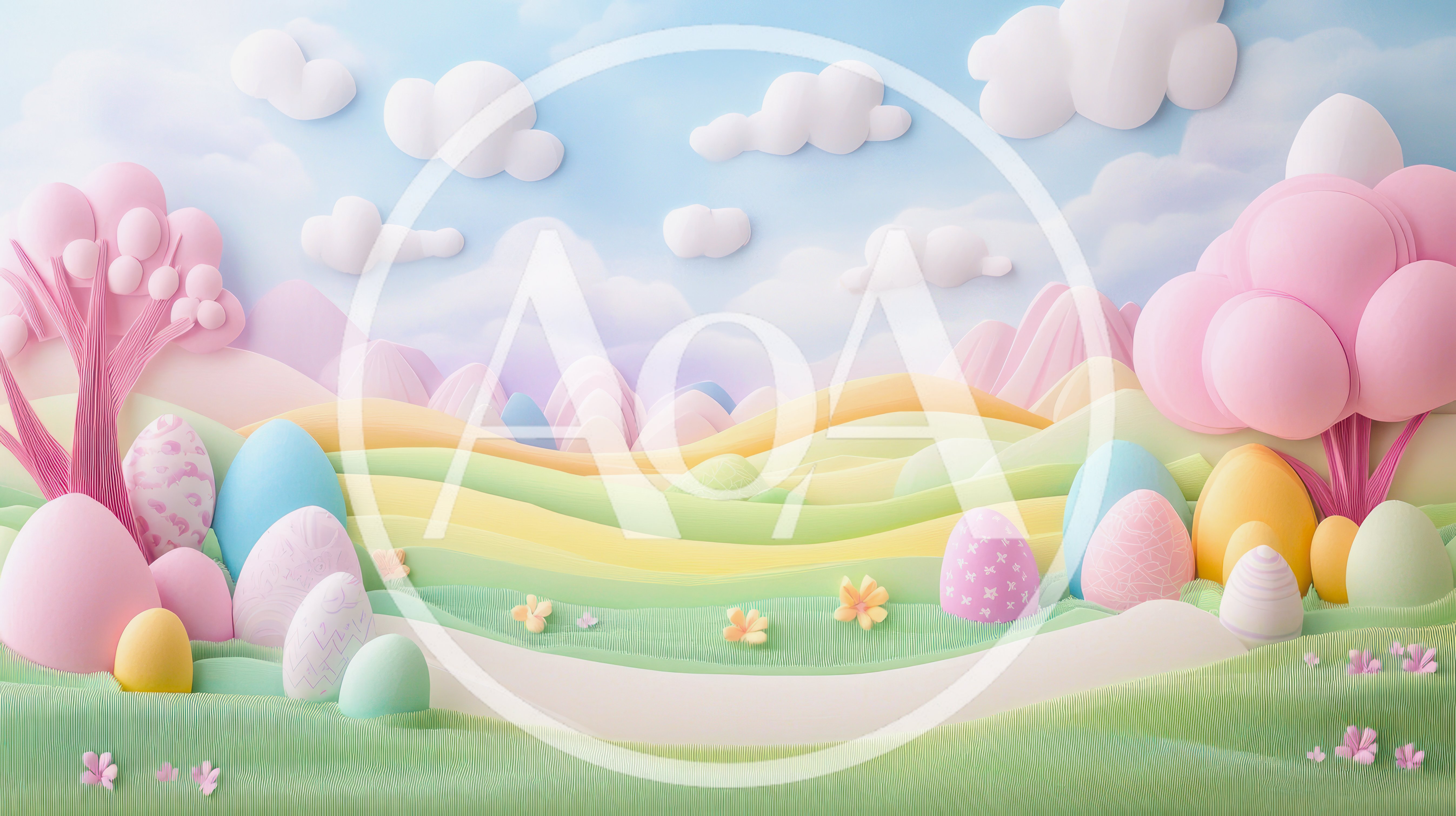 Pastel Easter Landscape With Decorative Eggs And Trees