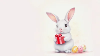 Cute White Easter Bunny Holding A Gift Box