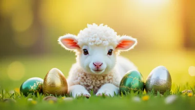 Cute Lamb Sitting With Decorated Easter Eggs
