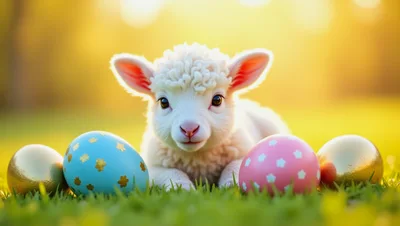 Cute Lamb Sitting With Colorful Easter Eggs