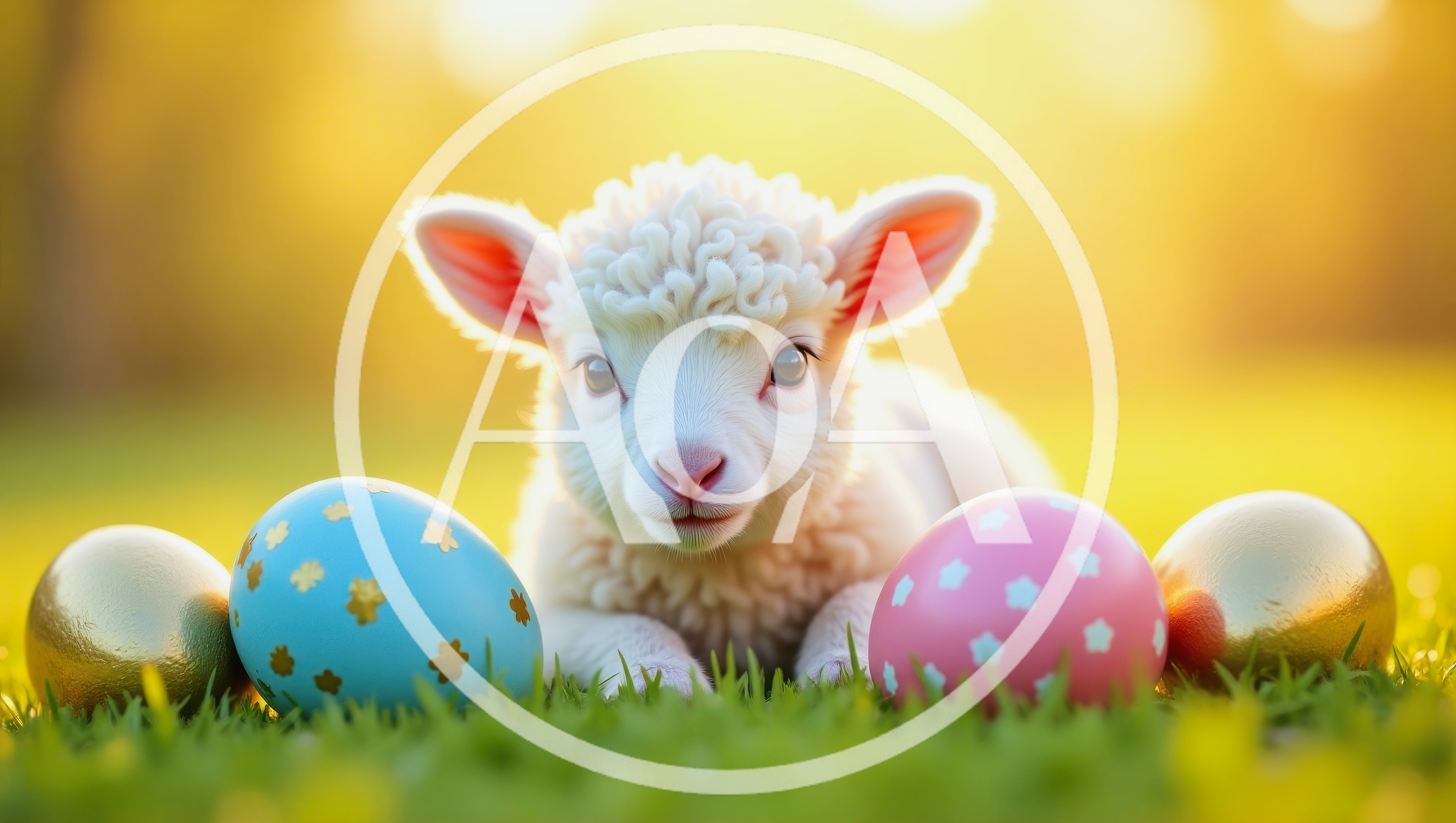 Cute Lamb Sitting With Colorful Easter Eggs