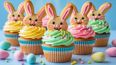 Easter Bunny Cupcakes With Pastel Frosting And Eggs