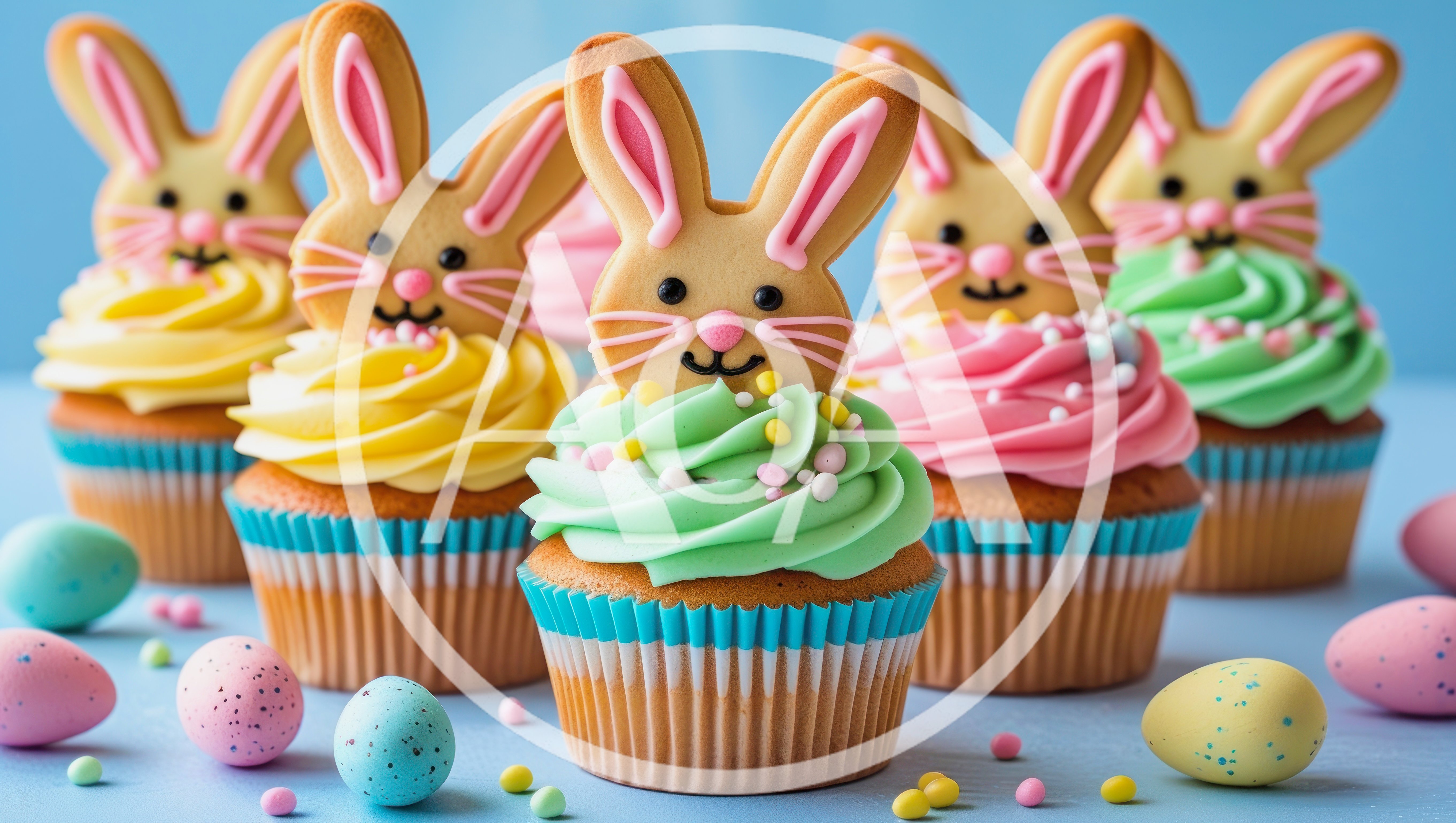 Easter Bunny Cupcakes With Pastel Frosting And Eggs