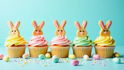 Five Easter Cupcakes With Bunny Toppers