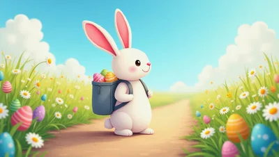 Cute Easter Bunny Carrying Backpack With Colorful Eggs