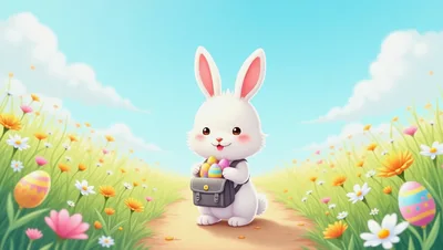 Cute White Easter Bunny Carrying Colorful Eggs