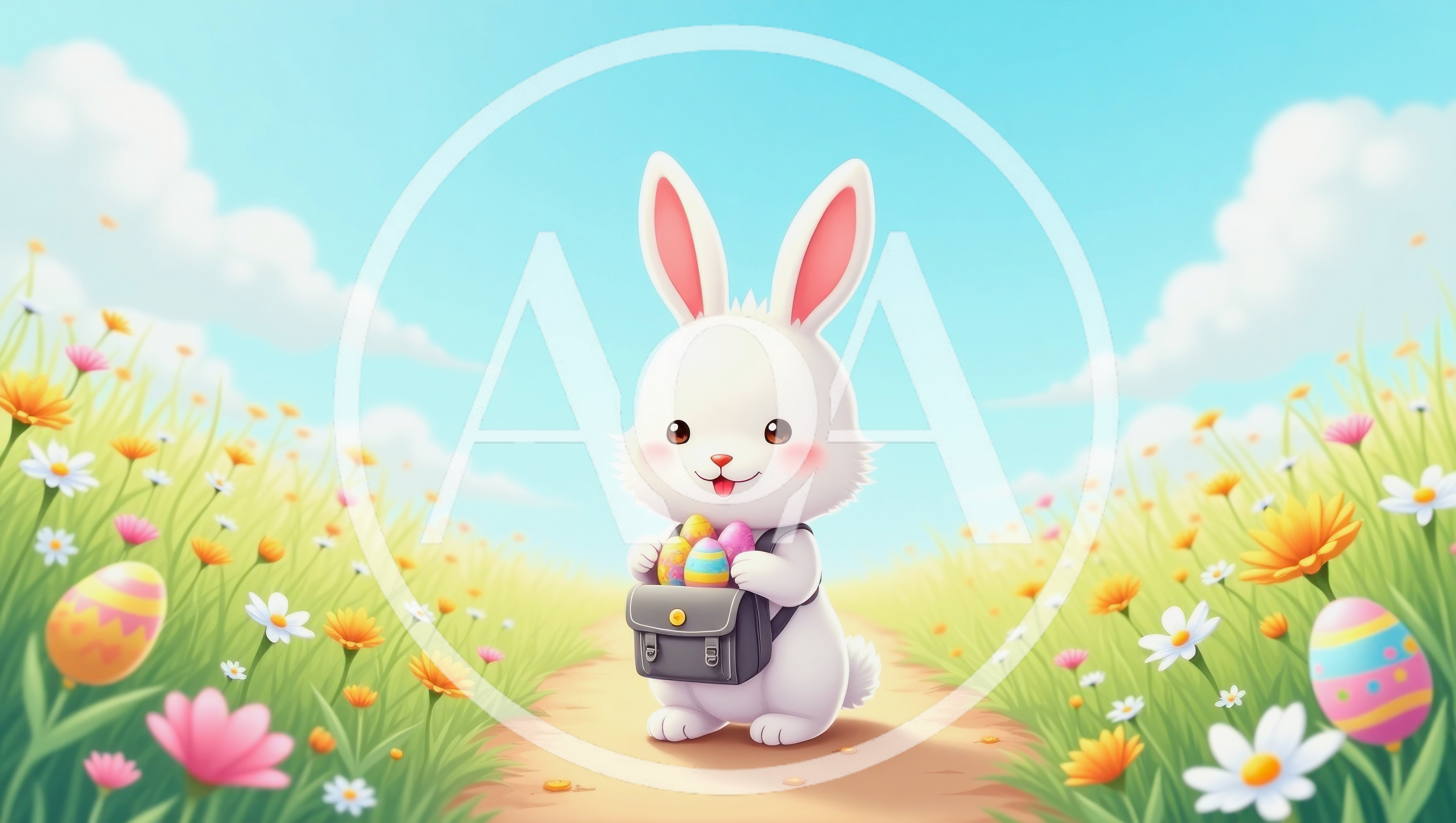 Cute White Easter Bunny Carrying Colorful Eggs