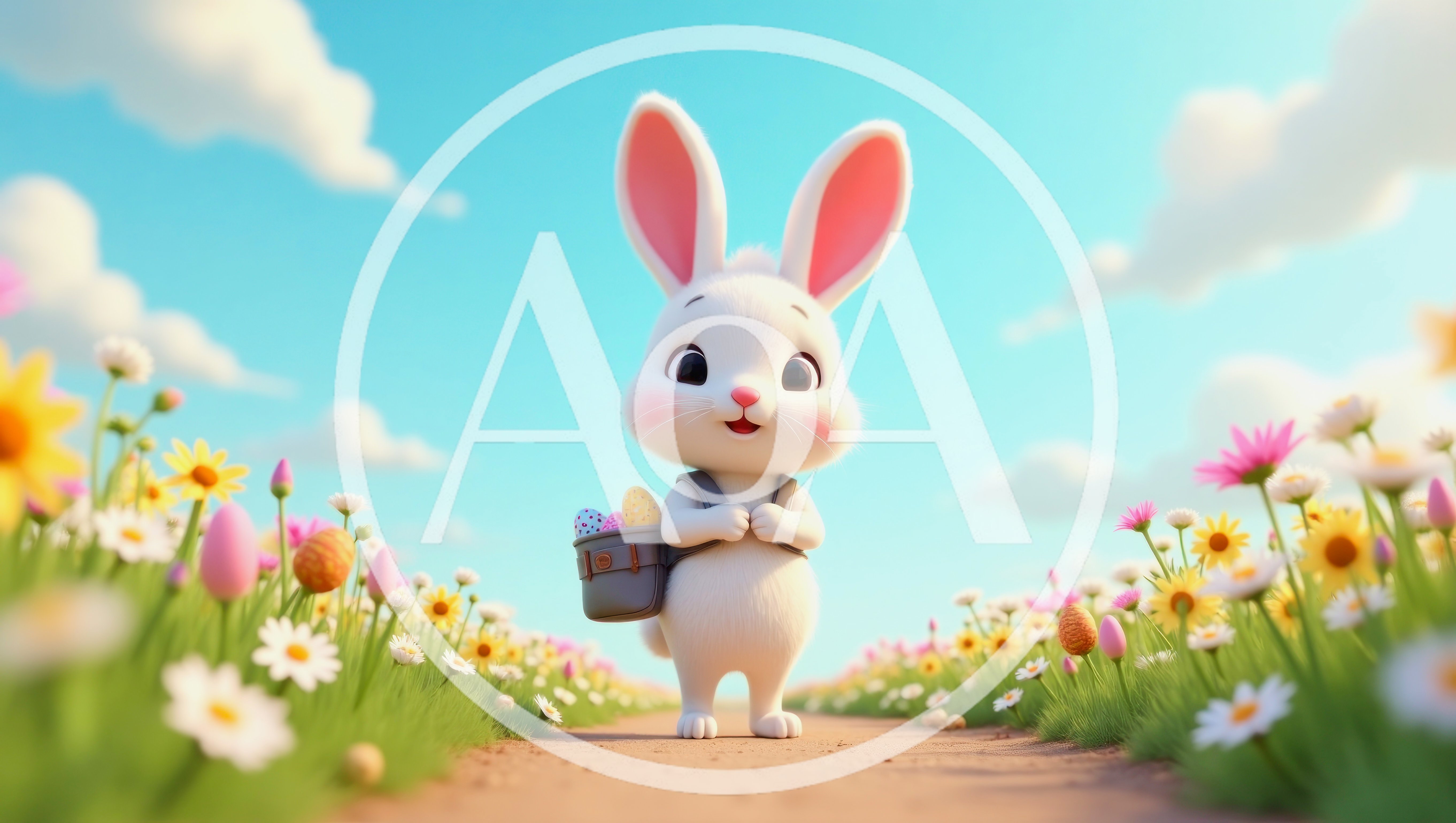 Cute White Easter Bunny Carrying Eggs In A Meadow