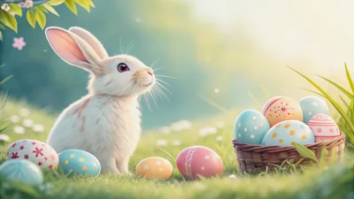 Easter Bunny Sitting Beside A Basket Of Decorated Eggs