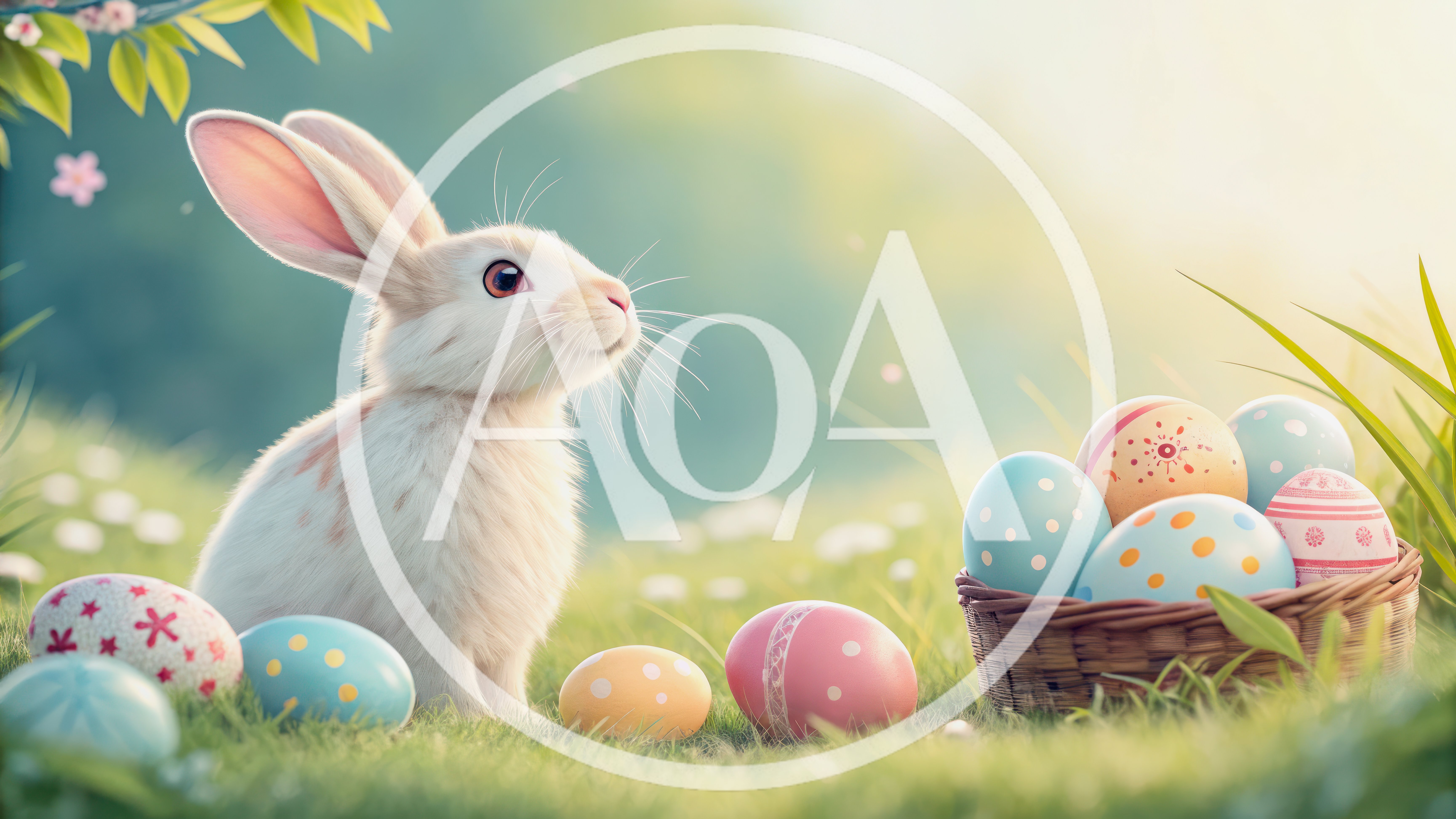 Easter Bunny Sitting Beside A Basket Of Decorated Eggs