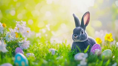 Cute Easter Bunny Sitting In A Sunny Spring Meadow