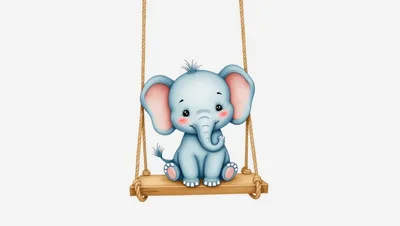 Cute Baby Elephant Sitting On A Wooden Swing