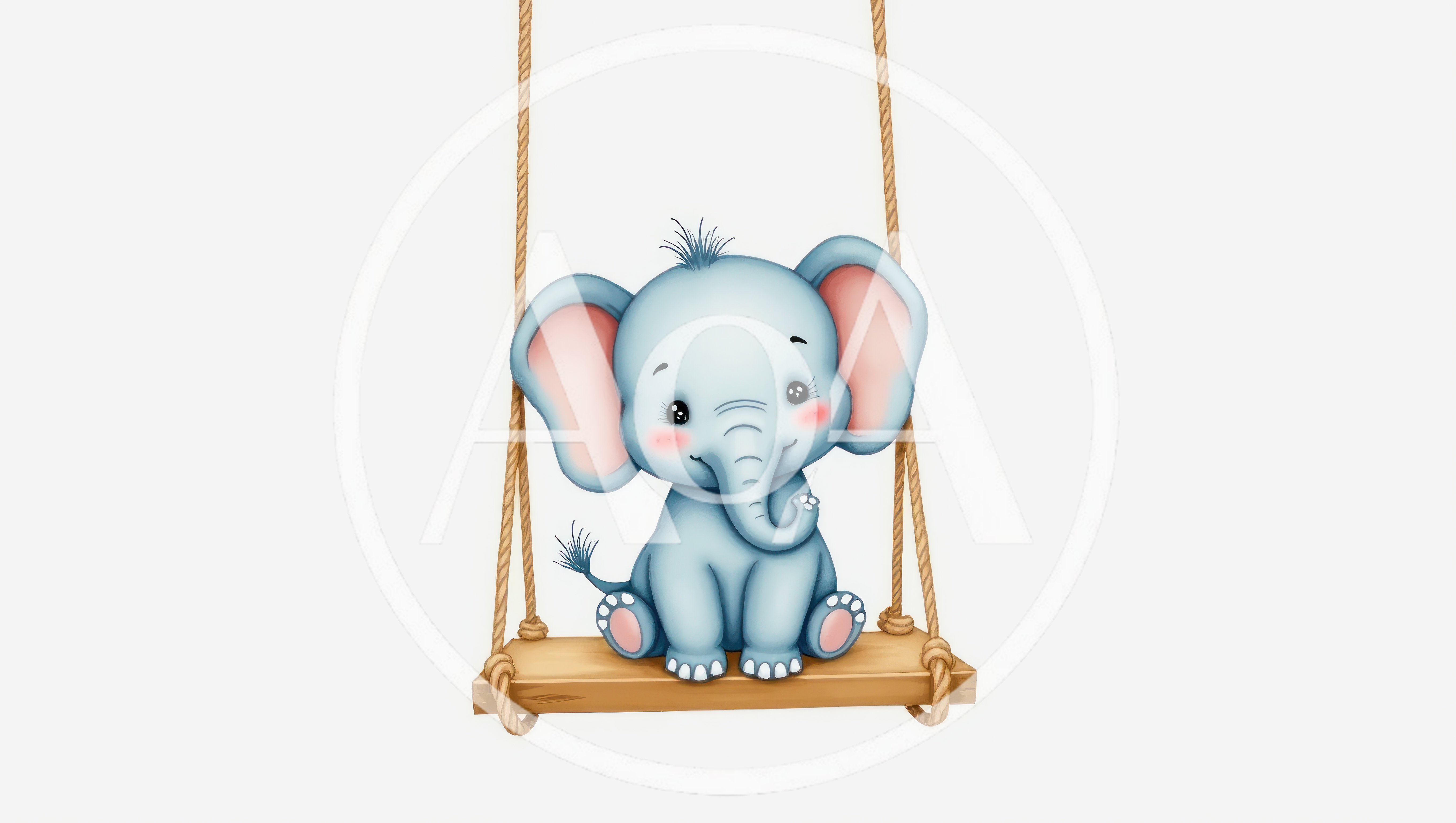 Cute Baby Elephant Sitting On A Wooden Swing