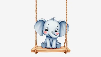 Cute Cartoon Baby Elephant Sitting On A Wooden Swing