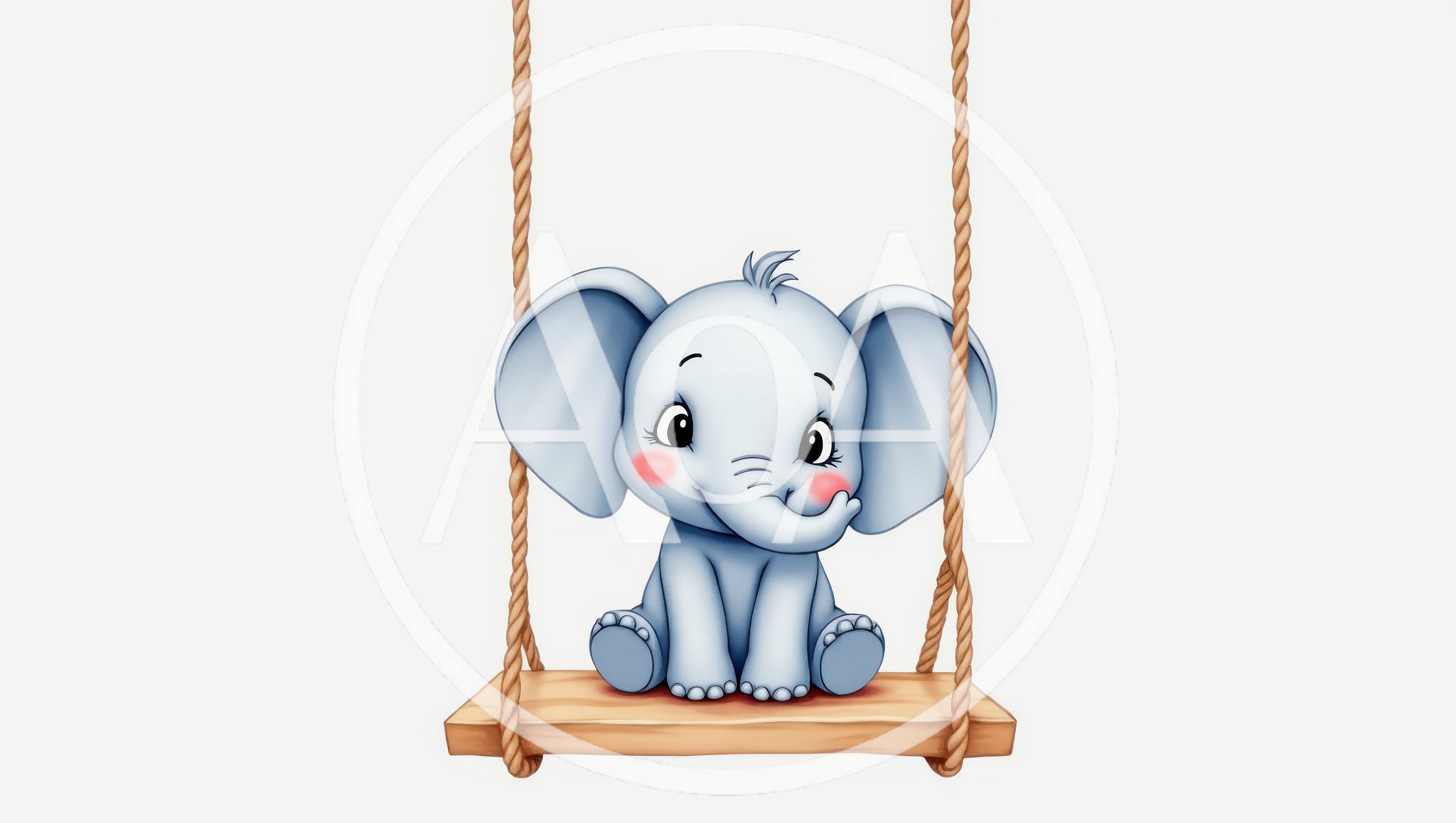 Cute Cartoon Baby Elephant Sitting On A Wooden Swing