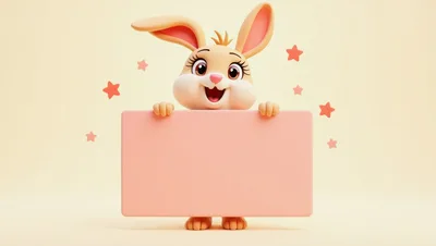 Cute 3D Cartoon Rabbit Holding A Blank Sign
