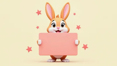 3D Cartoon Rabbit Holding A Blank Pink Sign