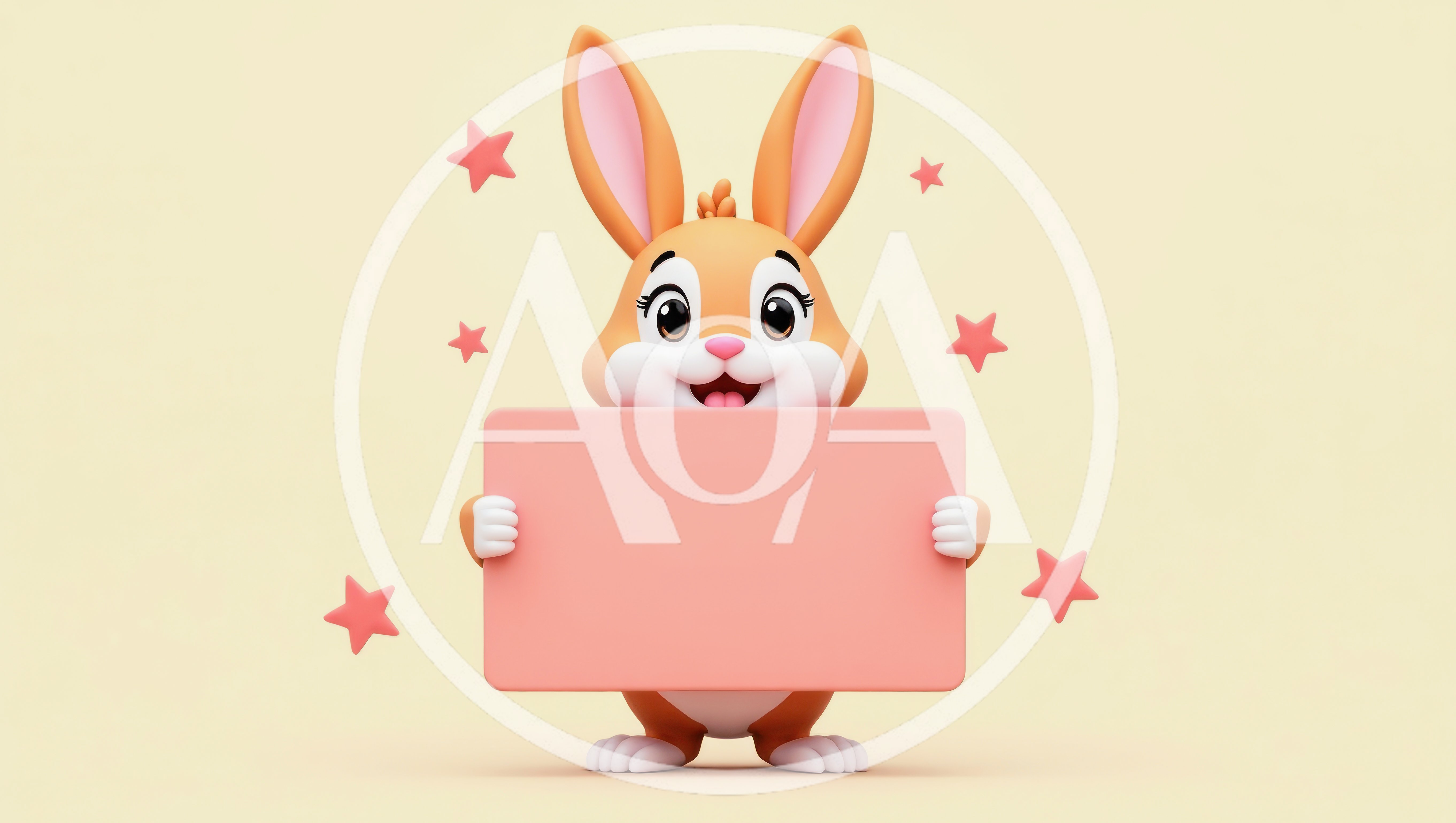 3D Cartoon Rabbit Holding A Blank Pink Sign