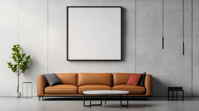 Modern Living Room With Leather Sofa And Blank Frame