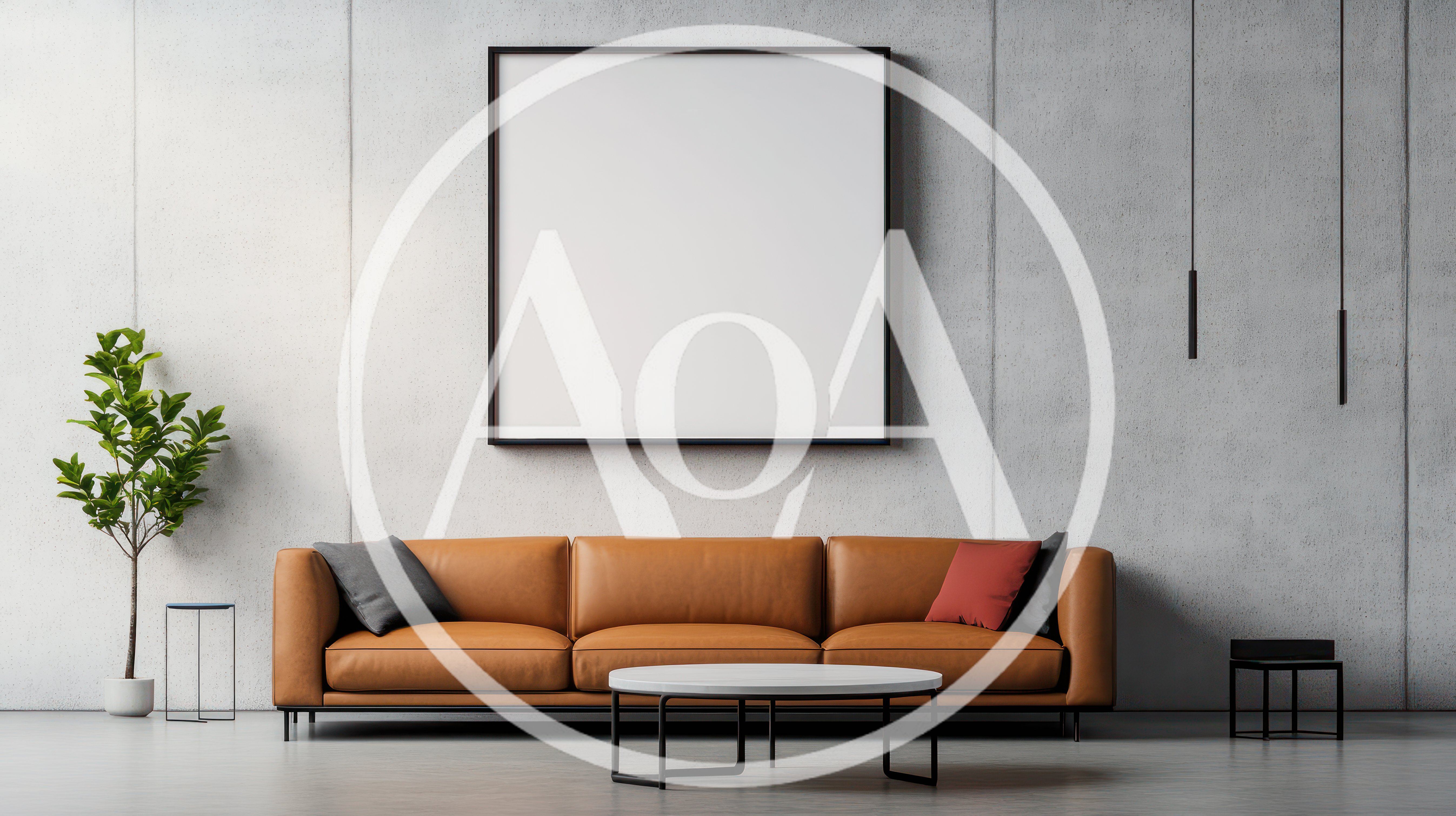 Modern Living Room With Leather Sofa And Blank Frame