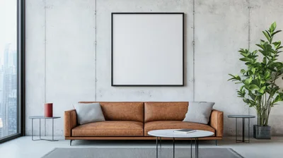 Modern Living Room With Leather Sofa And Art Frame