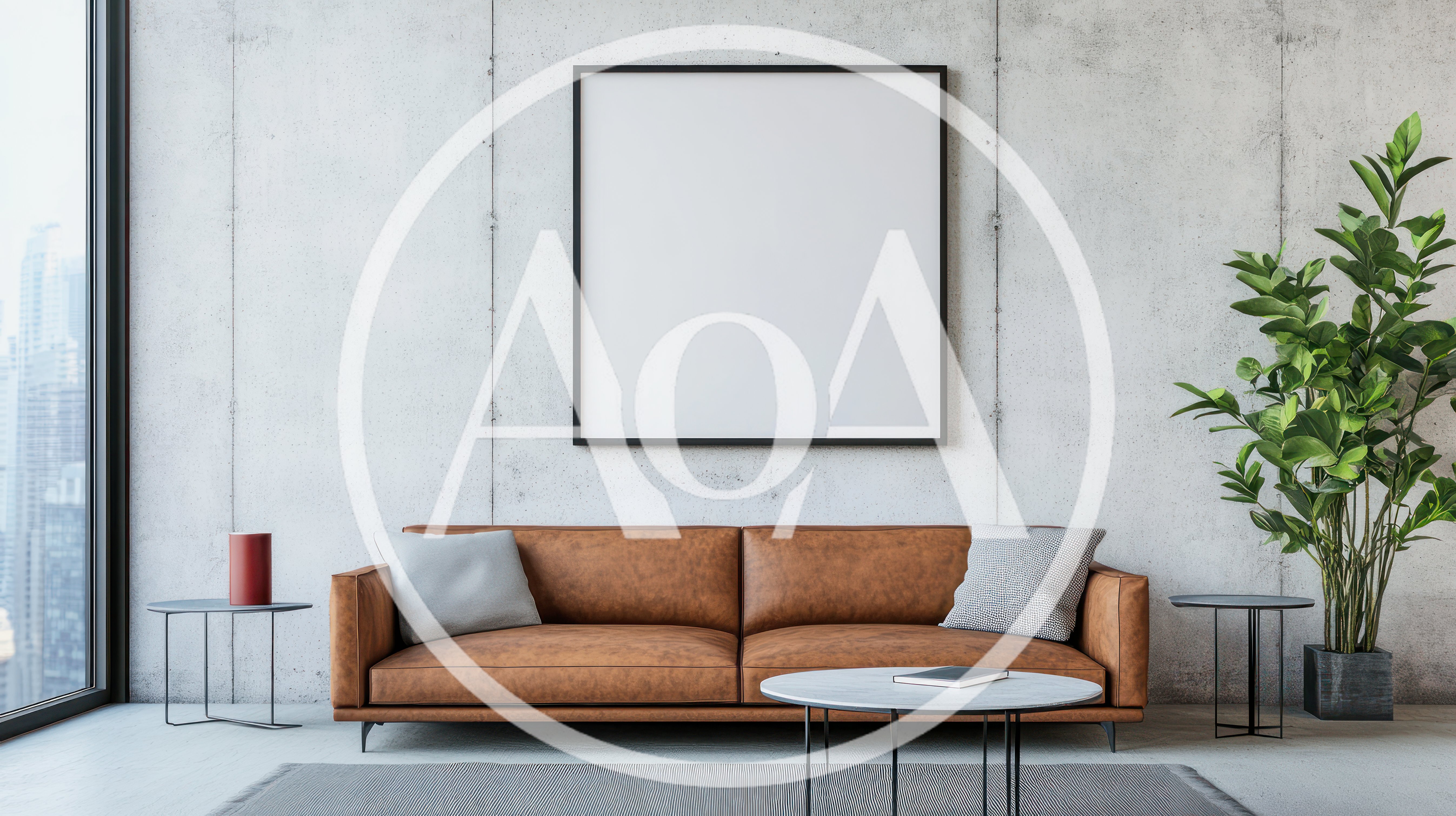 Modern Living Room With Leather Sofa And Art Frame