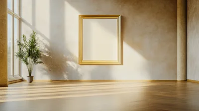 Empty Gold Picture Frame On Minimalist Wall