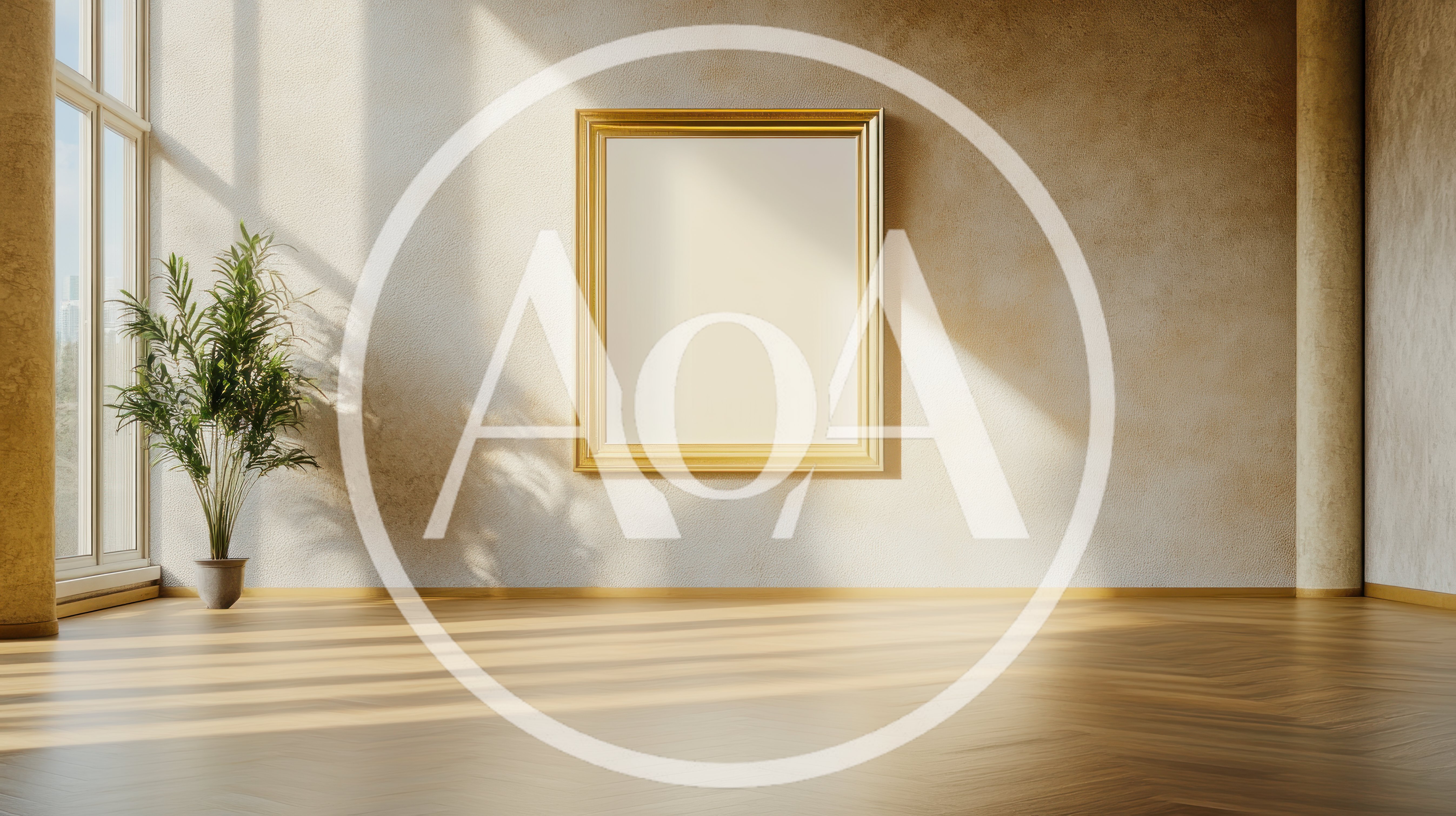 Empty Gold Picture Frame On Minimalist Wall