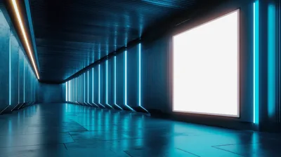 Futuristic Corridor With Glowing Neon Lights And Blank Billboard