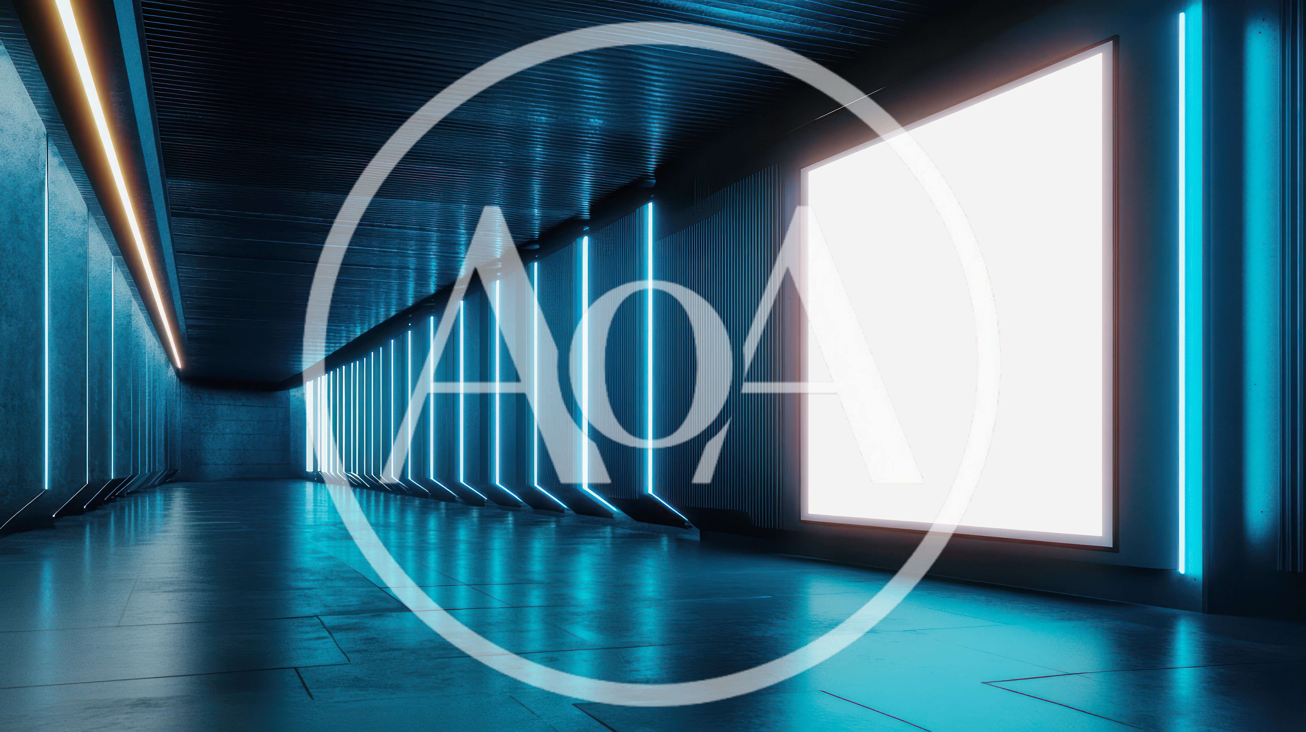 Futuristic Corridor With Glowing Neon Lights And Blank Billboard