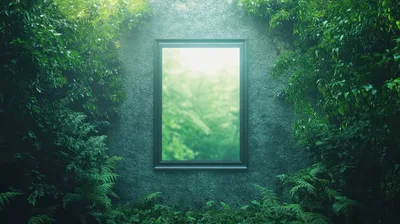 Rectangular Mirror Frame Embedded In A Lush Jungle Wall