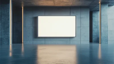 Blank Rectangular Billboard On Concrete Wall In Modern Hall