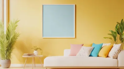 Modern Living Room Interior With Yellow Wall And Sofa