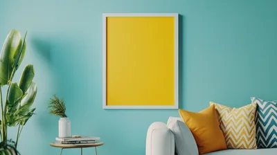 Empty Yellow Picture Frame On Teal Wall