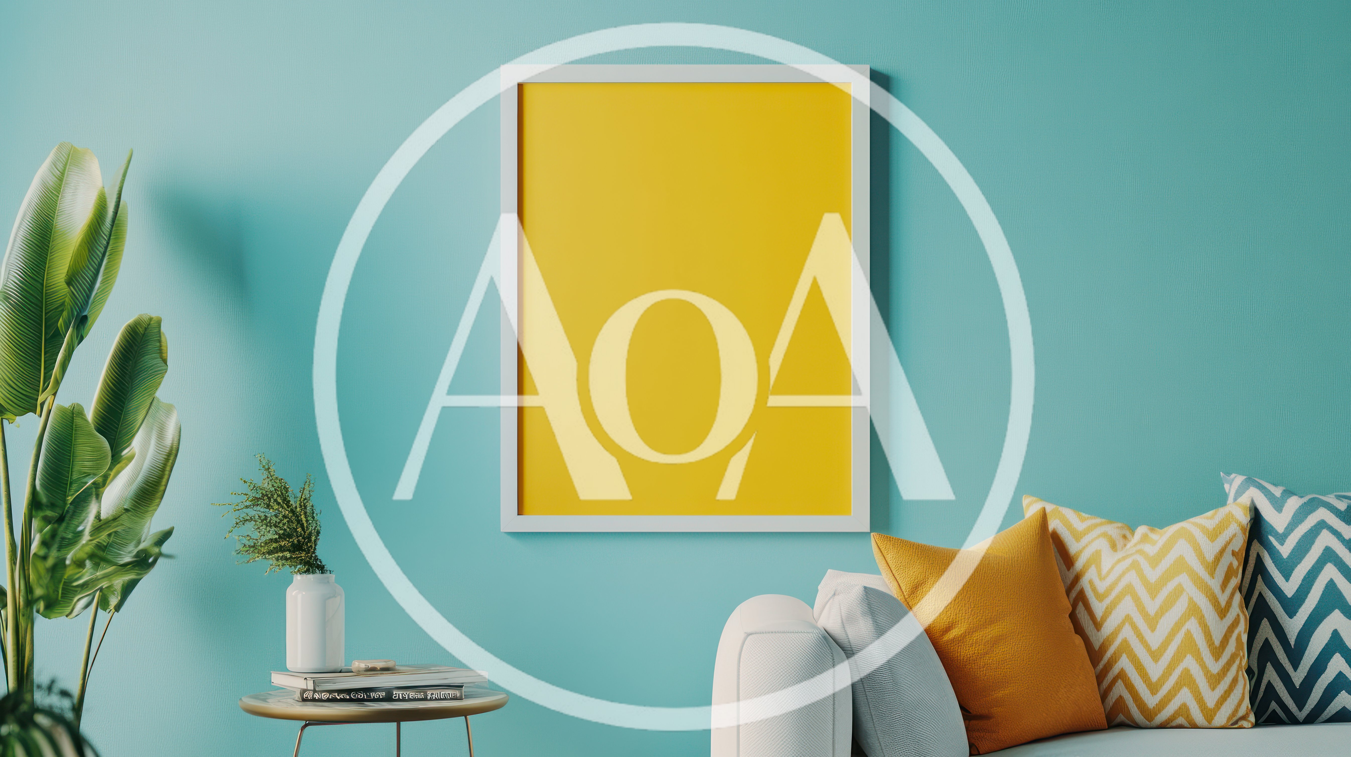 Empty Yellow Picture Frame On Teal Wall