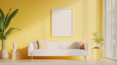 Minimalist Living Room With White Sofa And Yellow Wall