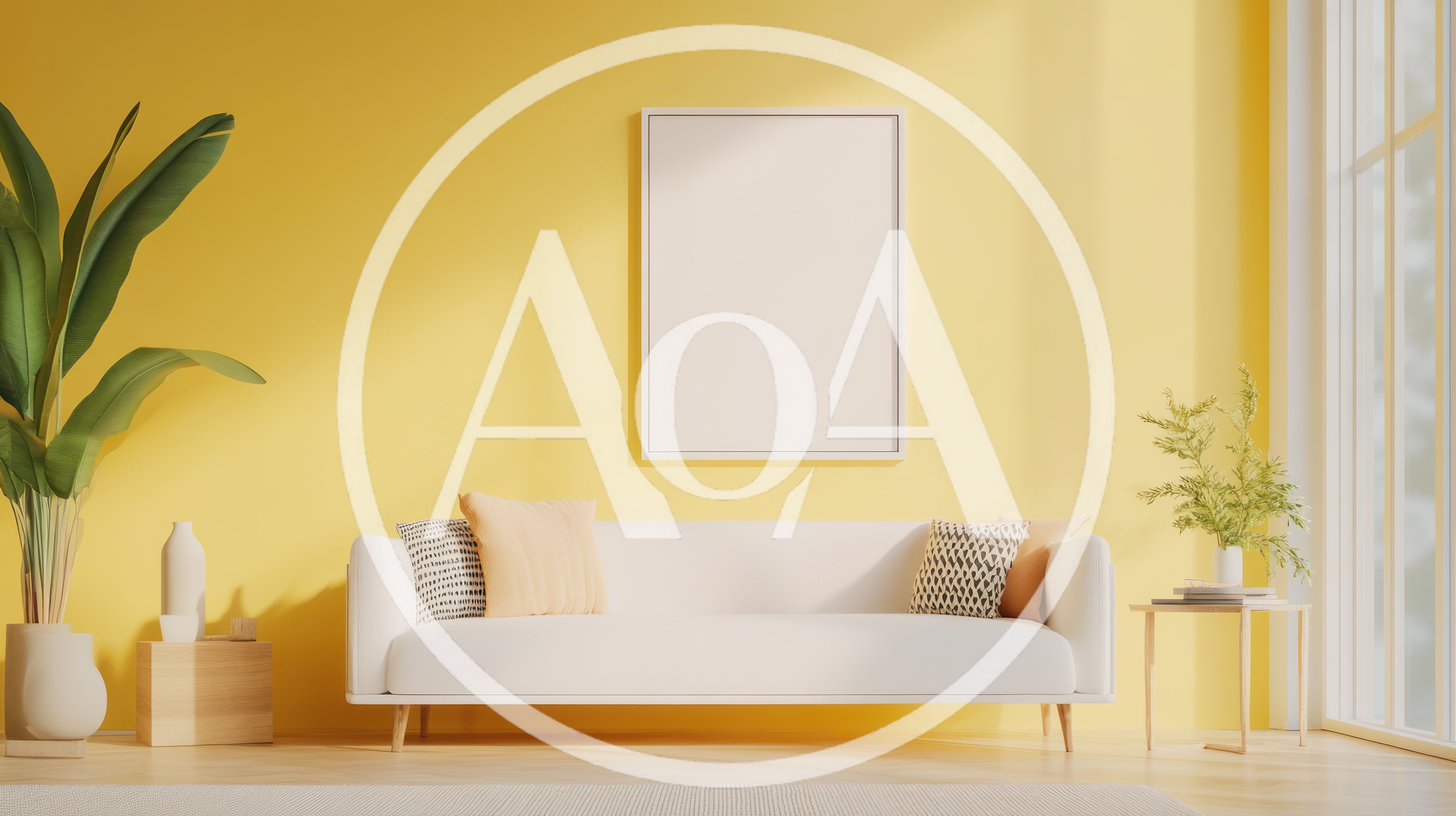 Minimalist Living Room With White Sofa And Yellow Wall