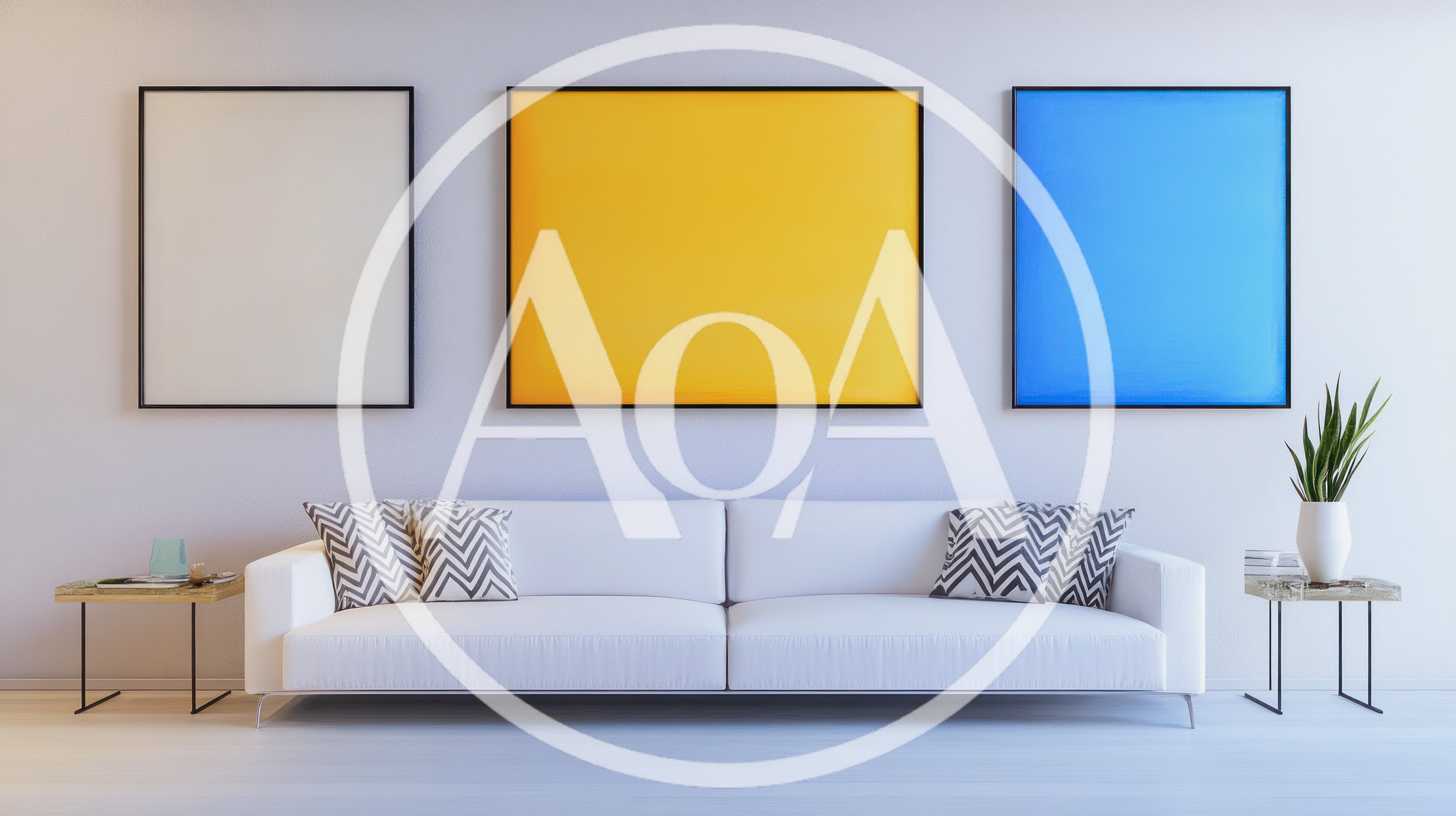 Modern Living Room With White Sofa And Wall Art