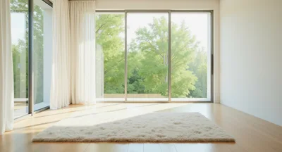Empty Modern Living Room With Large Glass Sliding Doors