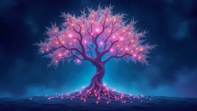 Glowing Magical Tree With Pink Lights In Night Sky