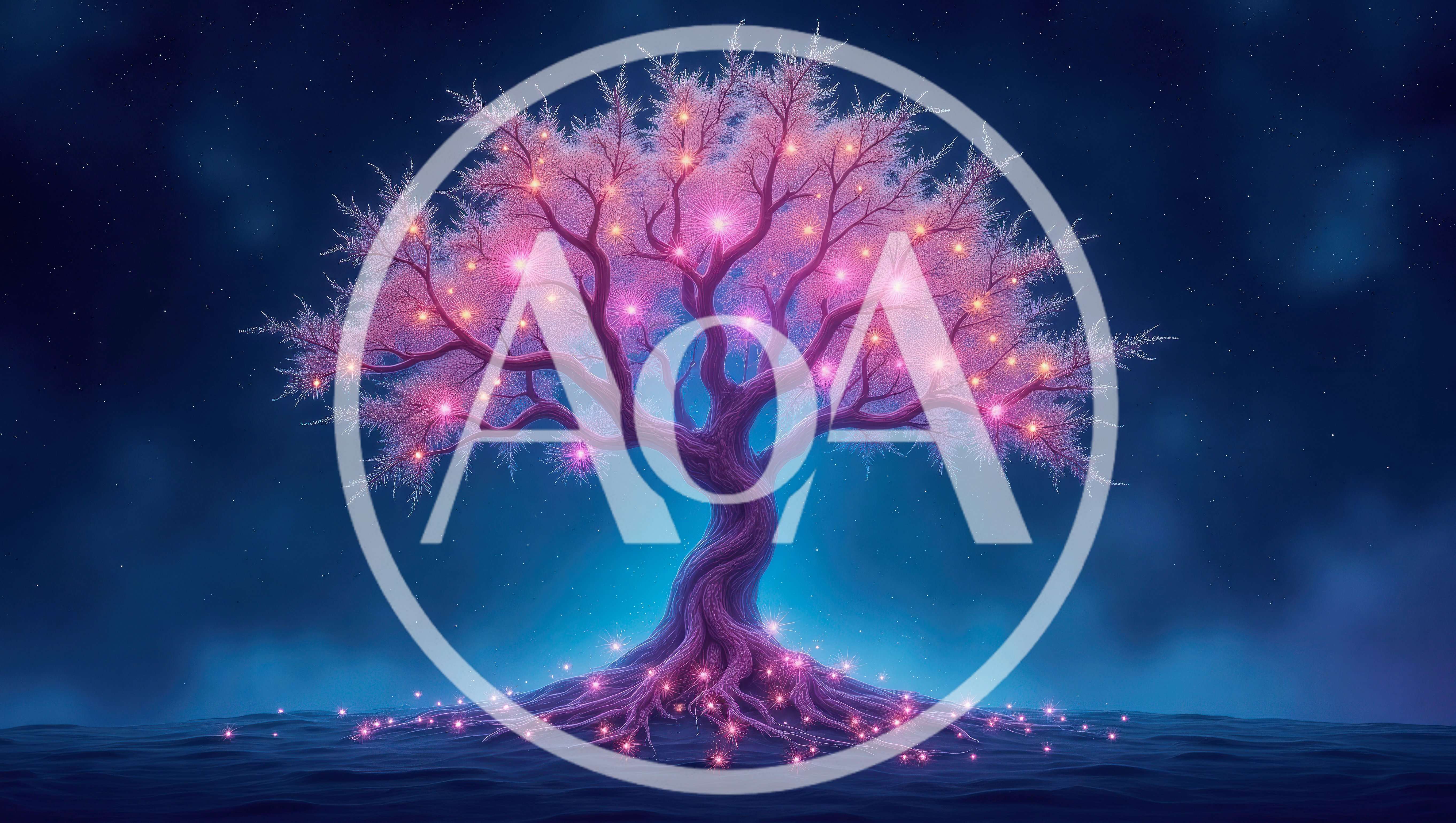 Glowing Magical Tree With Pink Lights In Night Sky